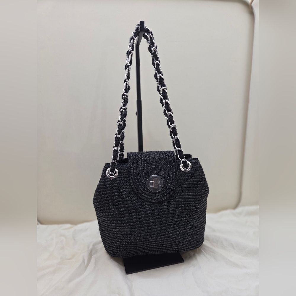 Kim Rogers Black Woven Chain Strap Turn Lock Shoulder Bag